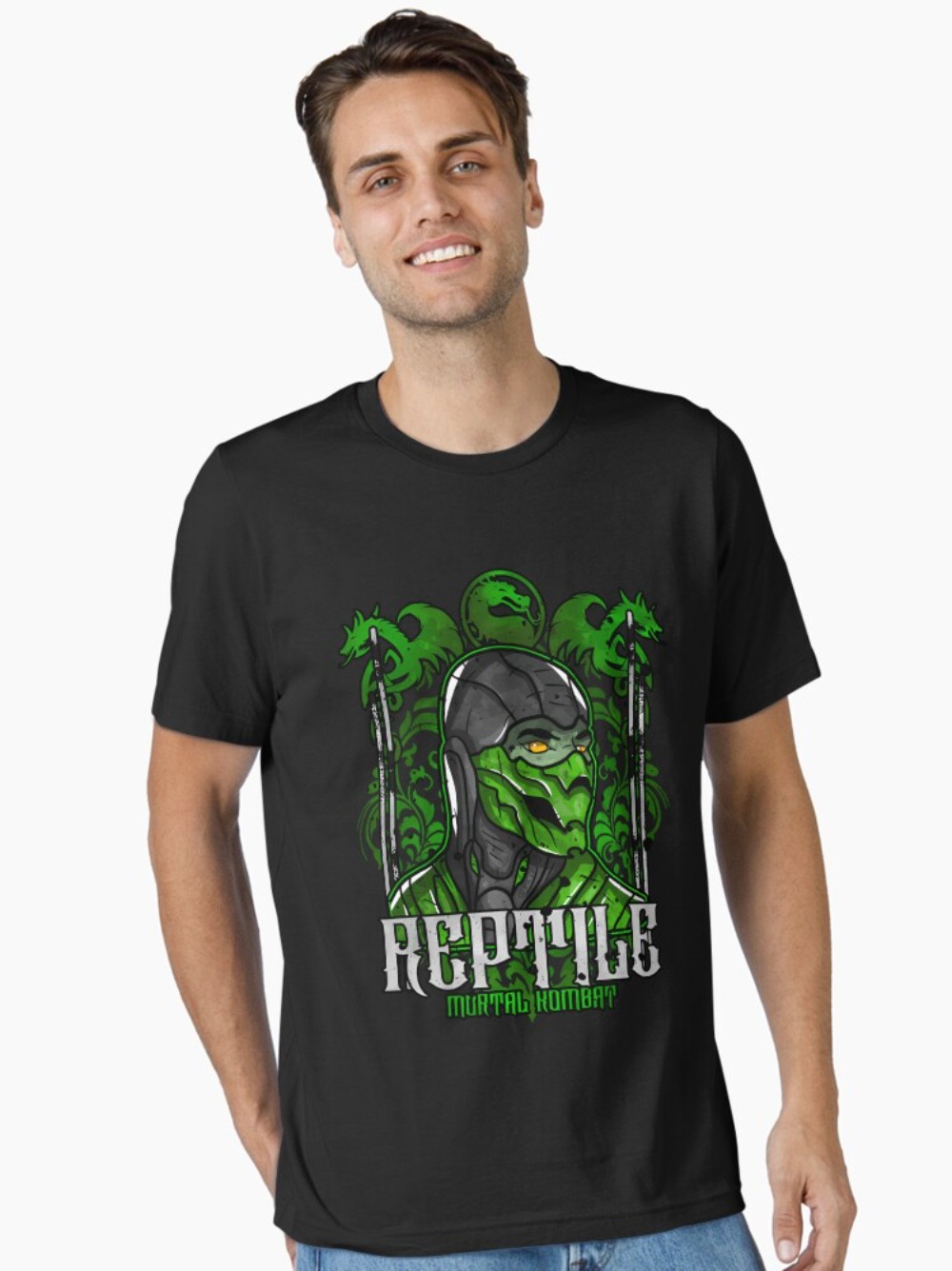 Retro Gaming Gamestop - เสื้อยืดพิมพ์ลาย Mortal Kombat Reptile ลายกราฟิกนินจาสีเขียว เสื้อยืดวิดีโอเกมย้อนยุค