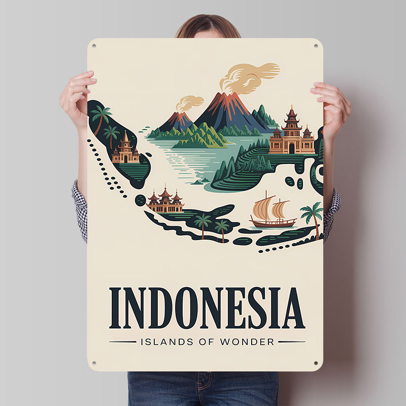 Retro Gaming Island - โปสเตอร์พิมพ์ลายเกาะอินโดนีเซีย วันเดอร์ ทราเวล ศิลปะติดผนังสไตล์เรโทรแบบกำหนดเอง ป้ายโลหะวินเทจสำหรับตกแต่งบ้านและเกม